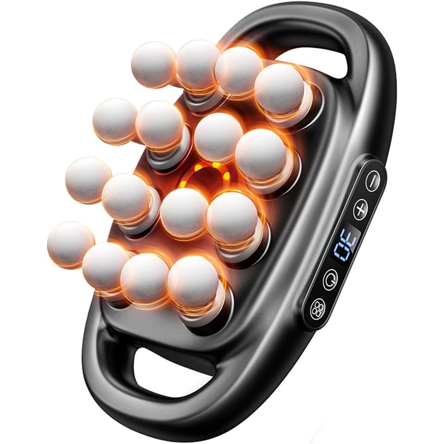 Handheld massager with rolling balls and digital display on a white background