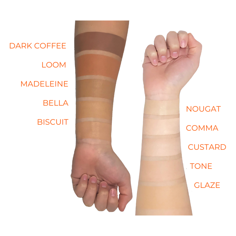 Color swatches on a person's arm with labeled shades.