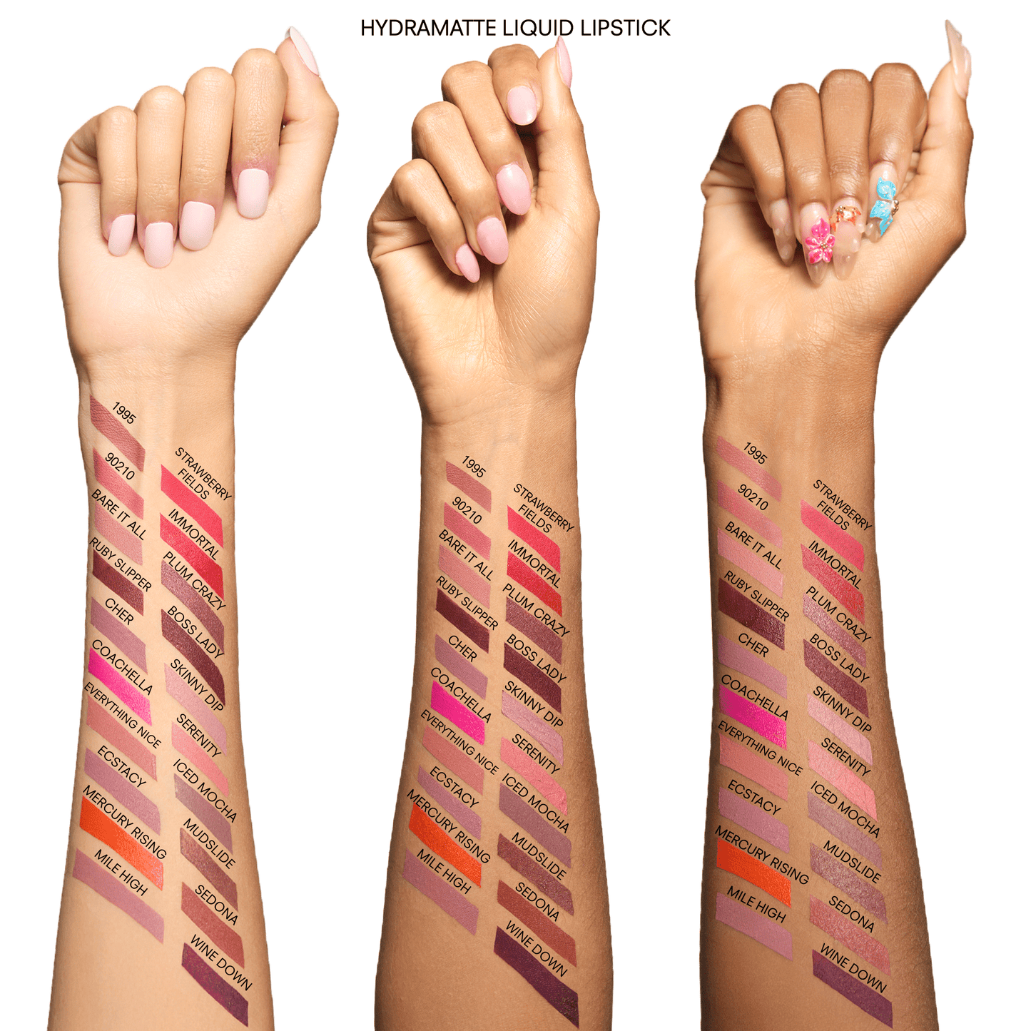 Three hands with Hydramatte Liquid Lipstick swatches on a white background