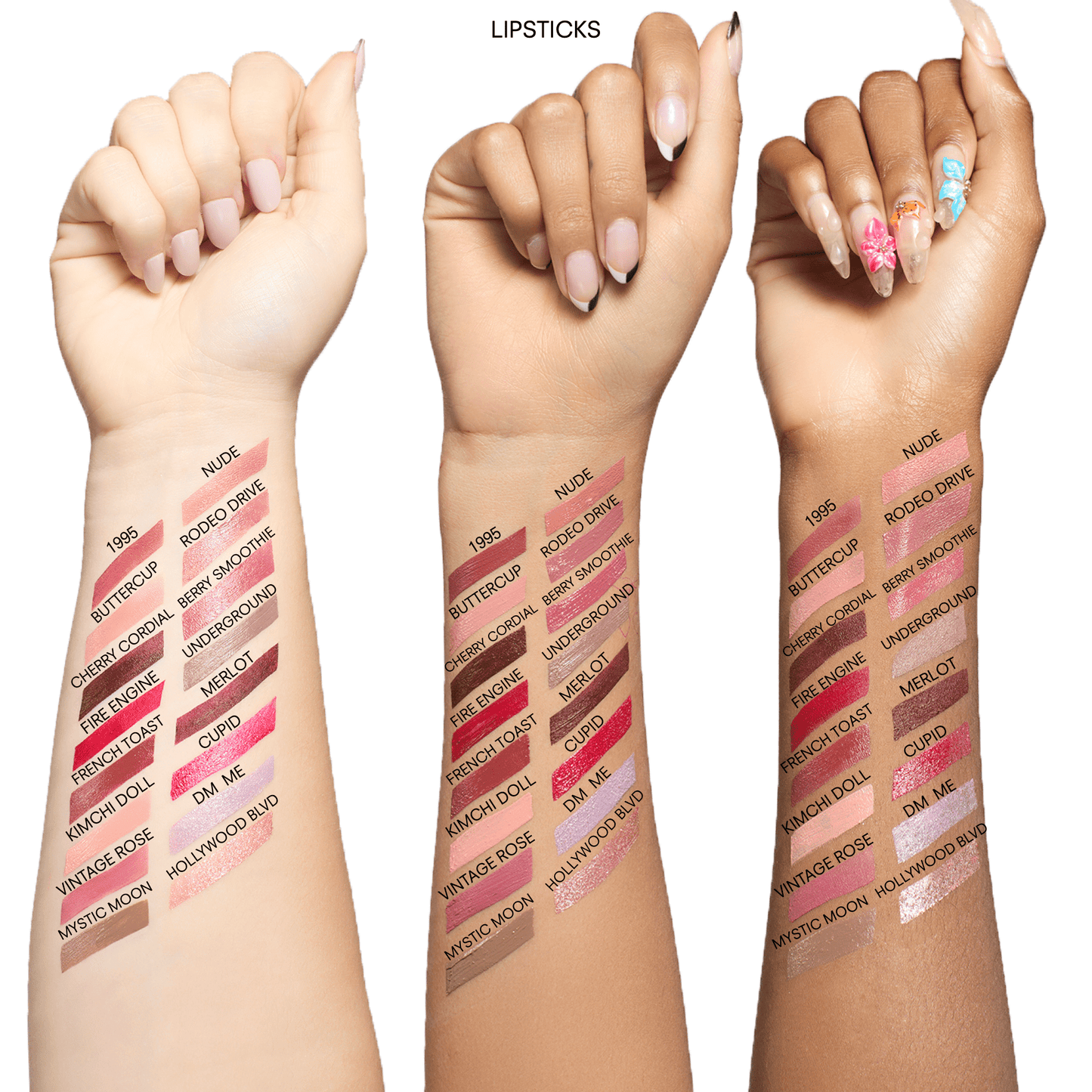 Three hands with lip swatches of various lipsticks on a white background