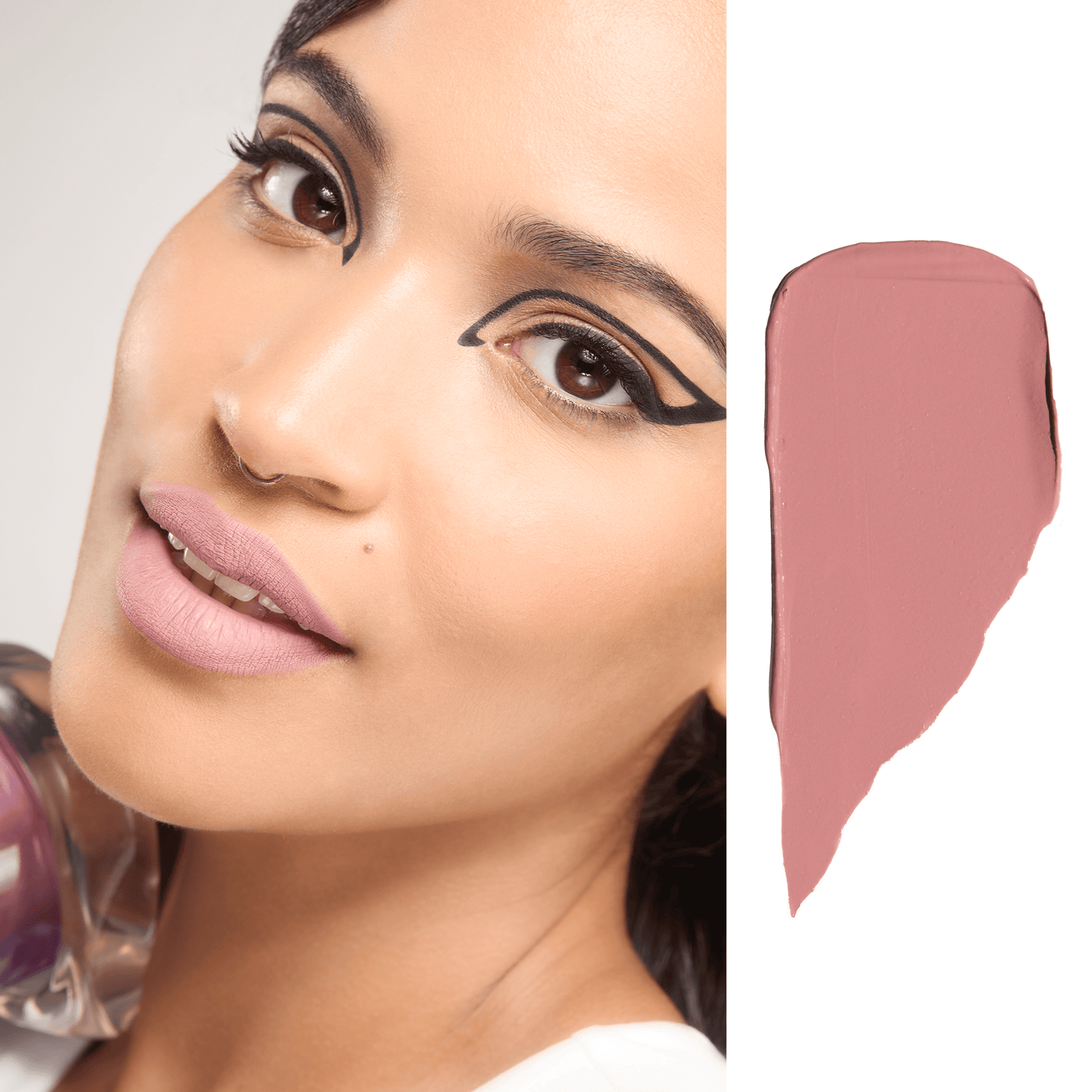 Close-up of a woman's face with makeup and a color swatch of a pink lipstick.