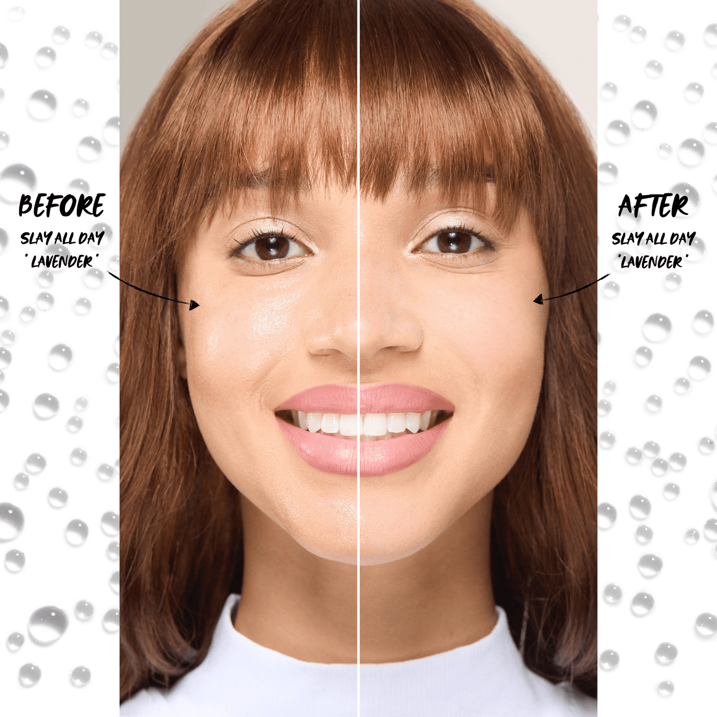 Before and after comparison of a woman's face with text indicating product name.