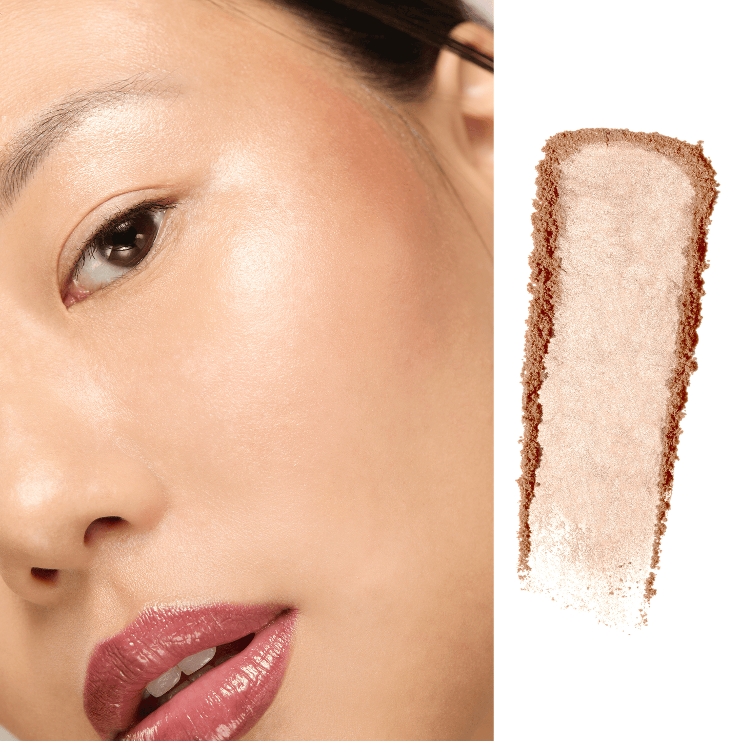 Close-up of a person's face with a swatch of makeup color on a white background