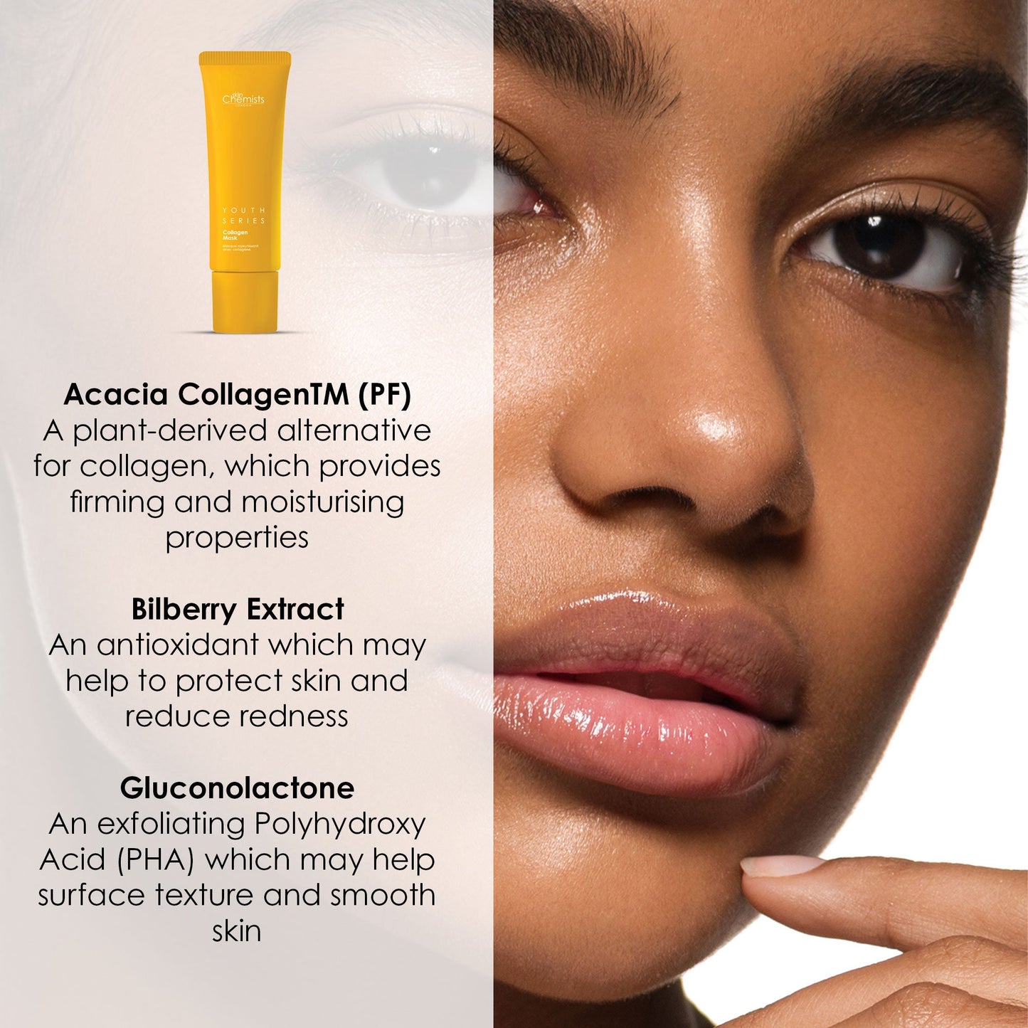 Product packaging with text about Acacia CollagenTM, Bilberry Extract, and Gluconolactone on a white background.