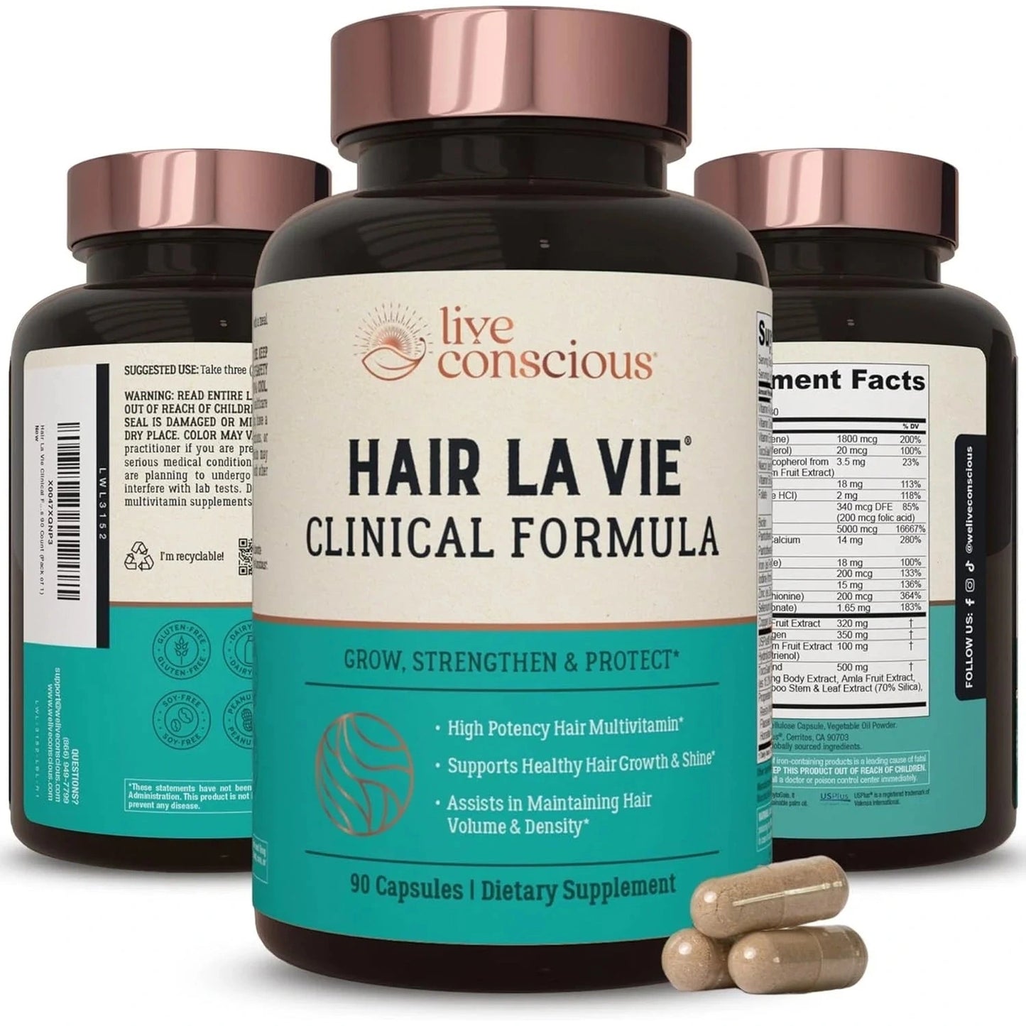 Hair La Vie Live Conscious Clinical Formula – 90‑Count Hair Growth Vitamins (Biotin, Saw Palmetto, Collagen)