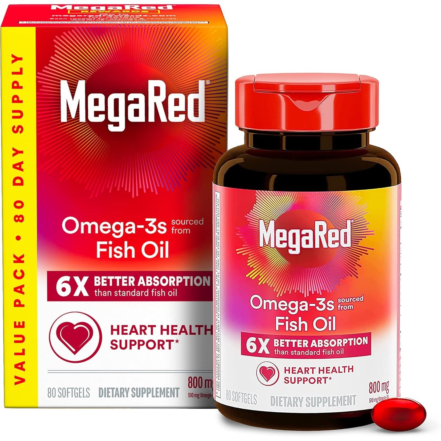 MegaRed 6X Advanced Absorption Omega 3 Fish Oil Supp.500mg 80 Softgels