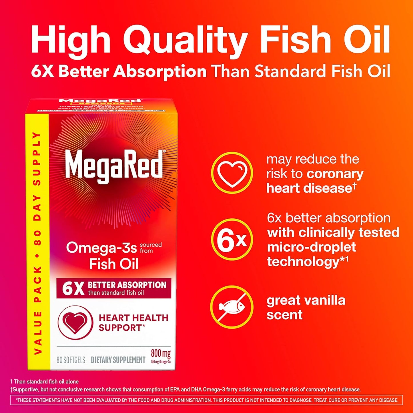 MegaRed 6X Advanced Absorption Omega 3 Fish Oil Supp.500mg 80 Softgels