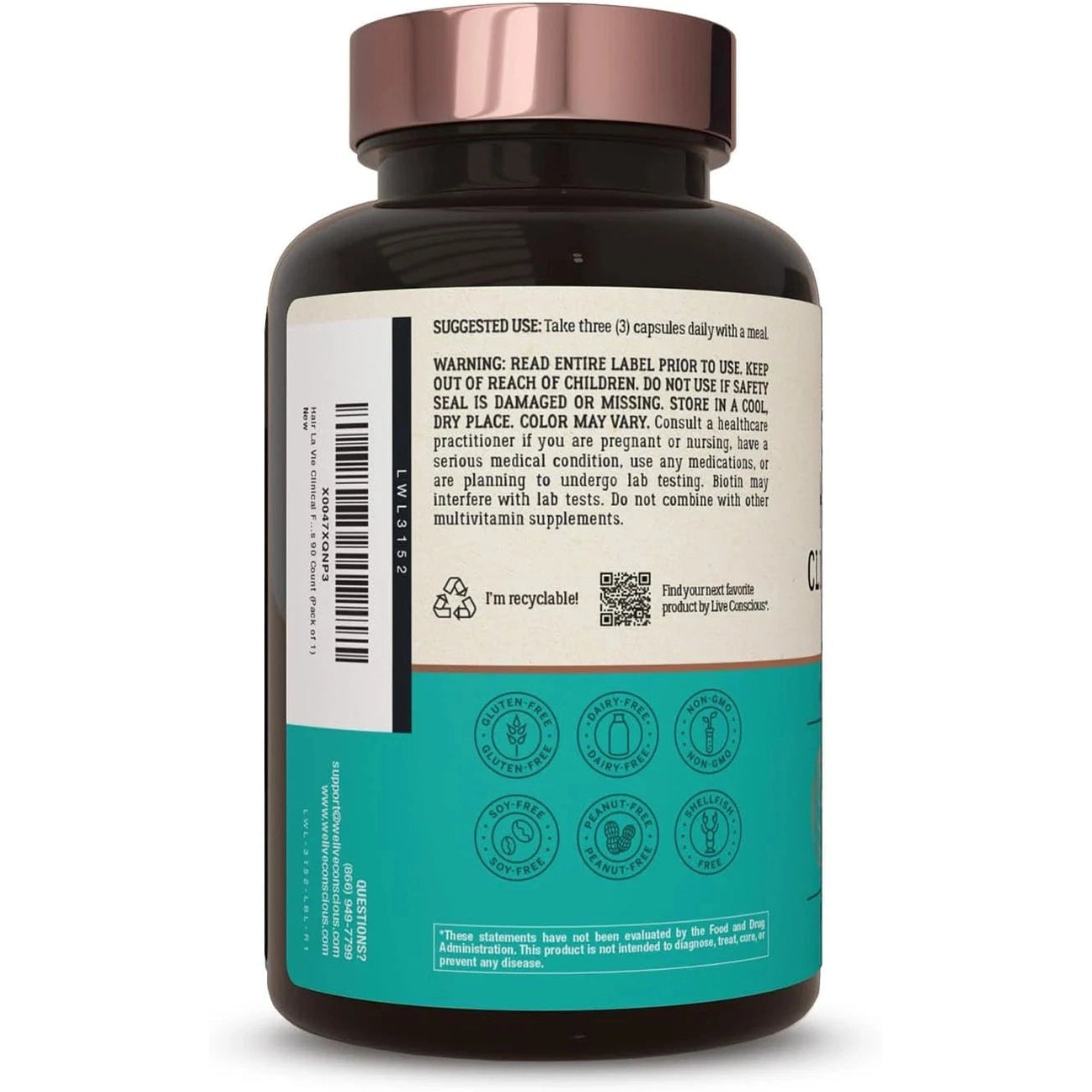 Hair La Vie Live Conscious Clinical Formula – 90‑Count Hair Growth Vitamins (Biotin, Saw Palmetto, Collagen)