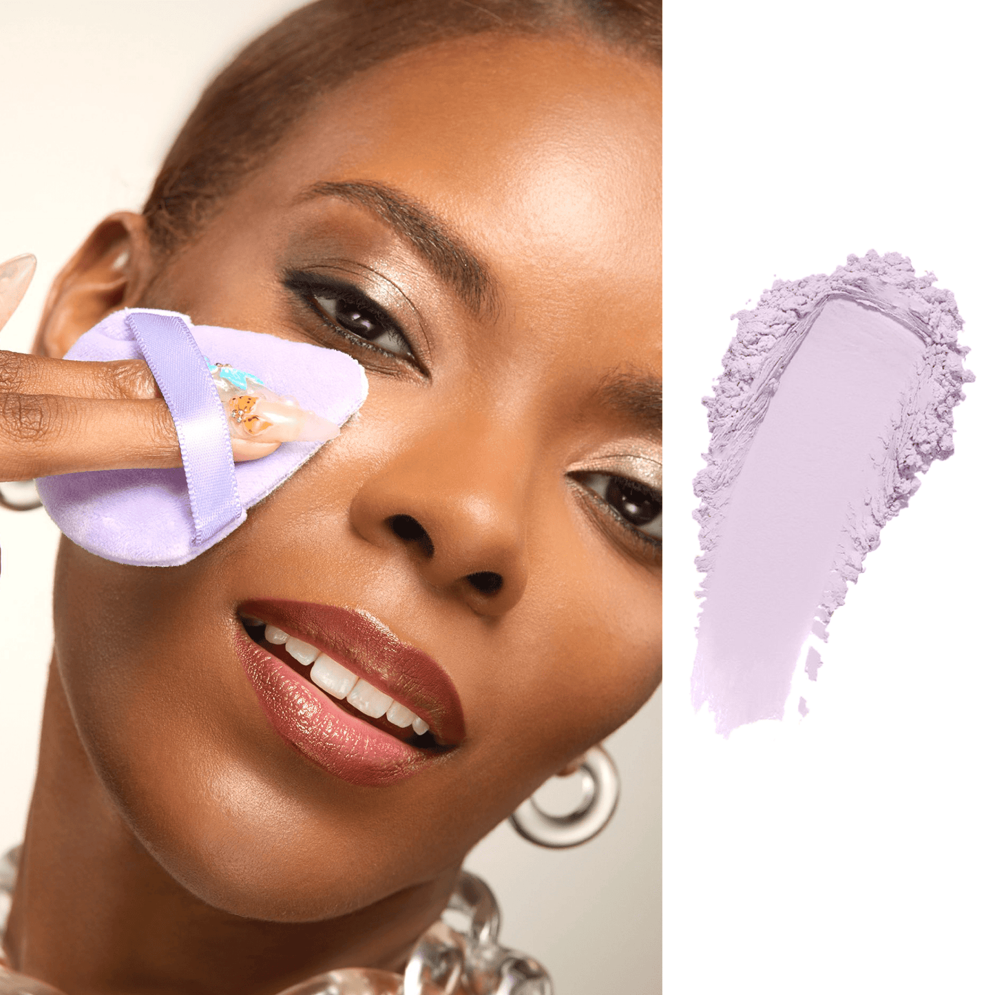 Woman applying makeup with a purple brush and close-up of the brush on a white background