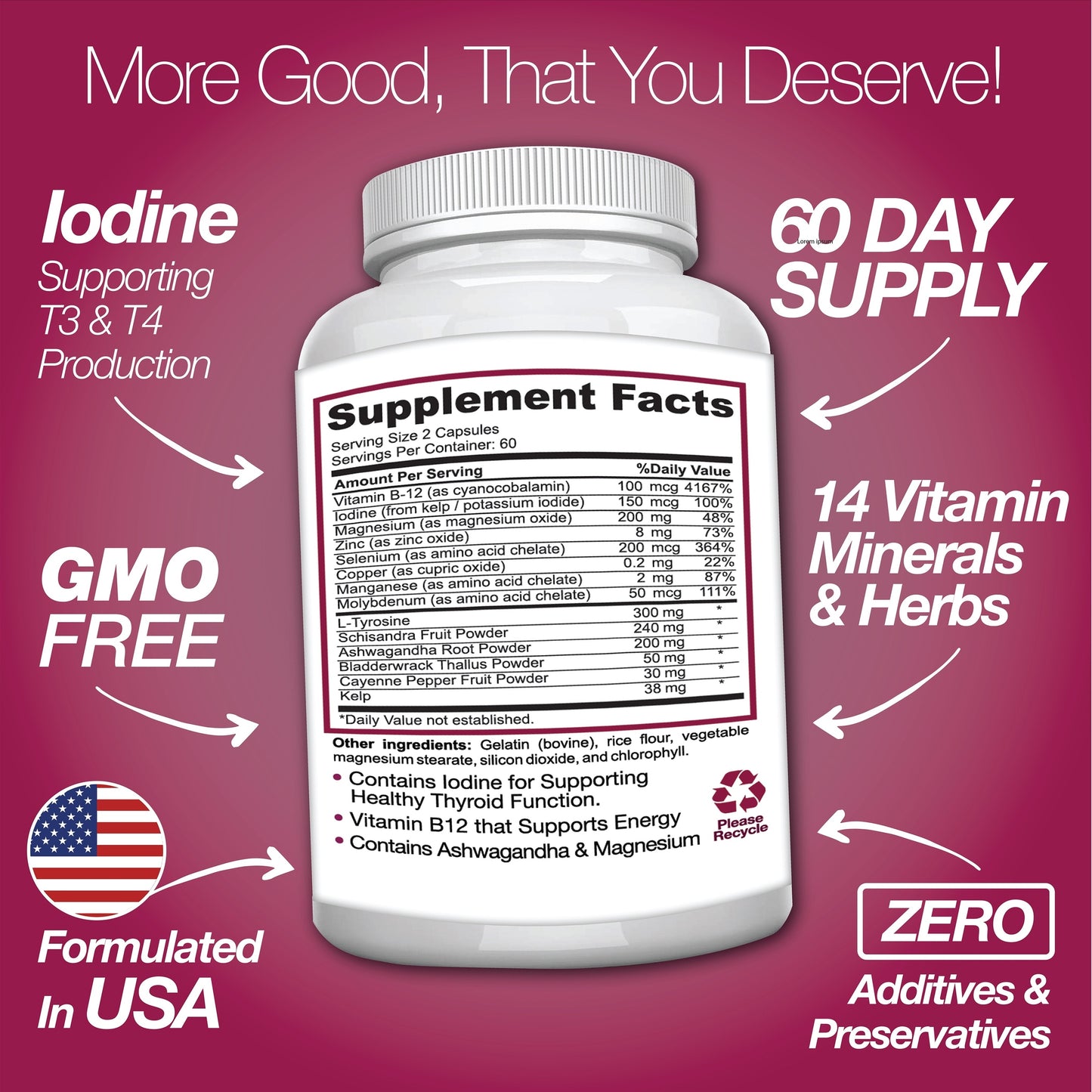 Supplement bottle with label on a pink background, highlighting features like iodine support and GMO-free status.
