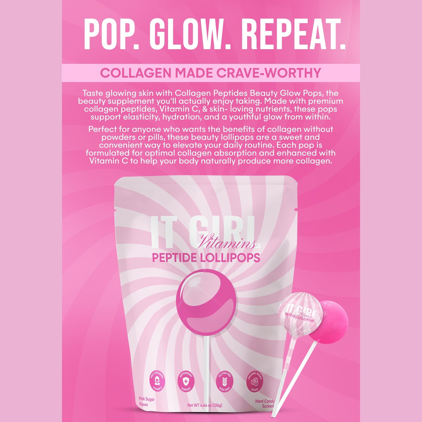 It Girl Beauty Lollipops - Collagen Peptides & Vitamin C Healthy Candy for Skin, Hair, Nails