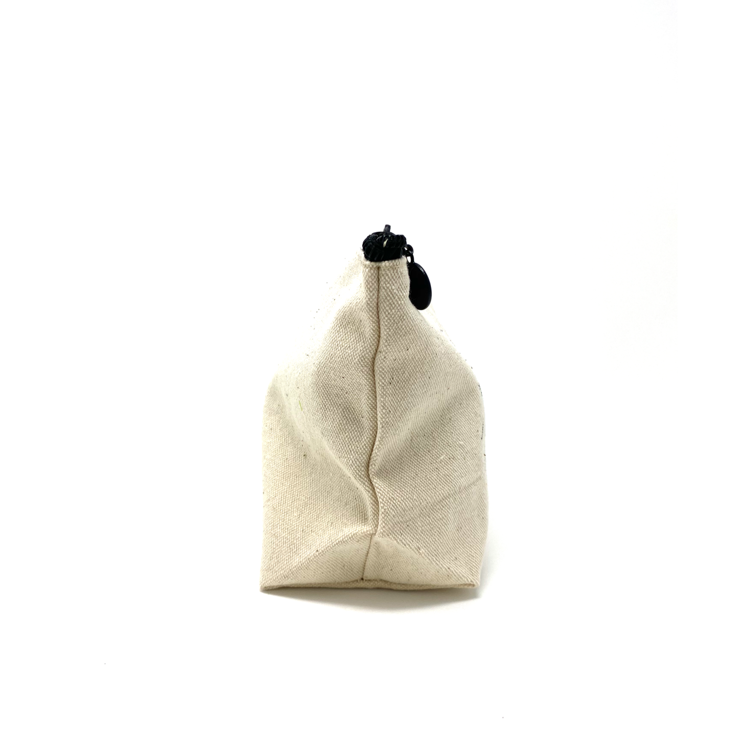 Beige fabric pouch with a black clip on a white background