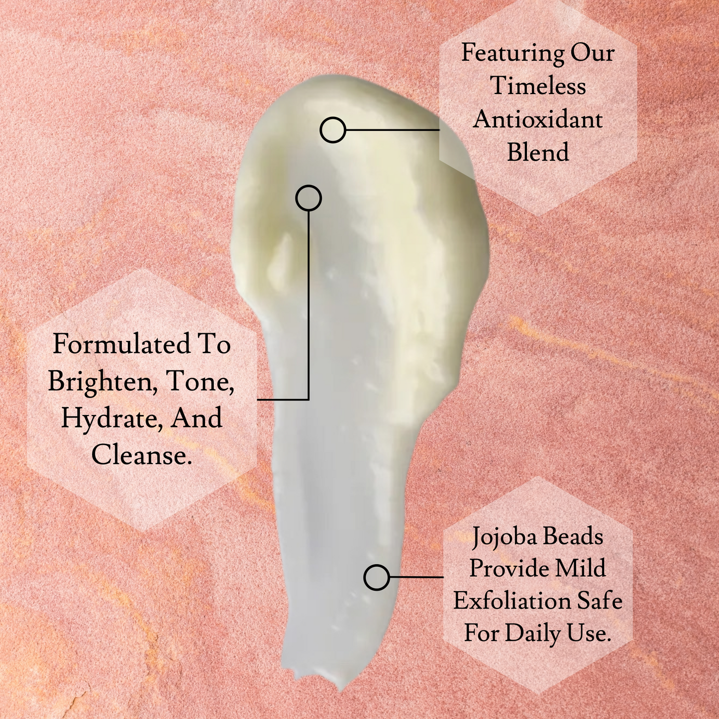 Skincare product with text on a pink background