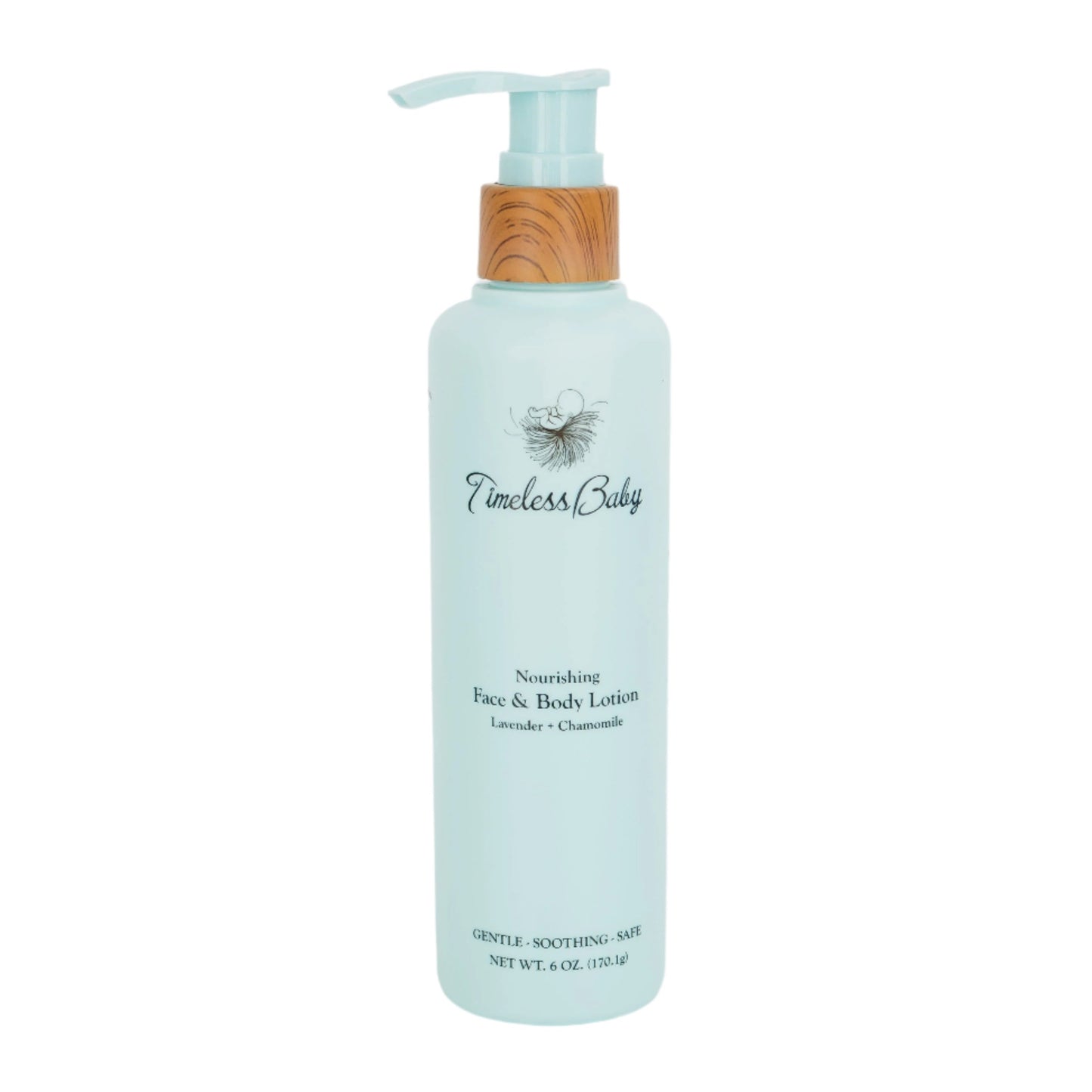 Light blue lotion bottle with wooden pump on a white background
