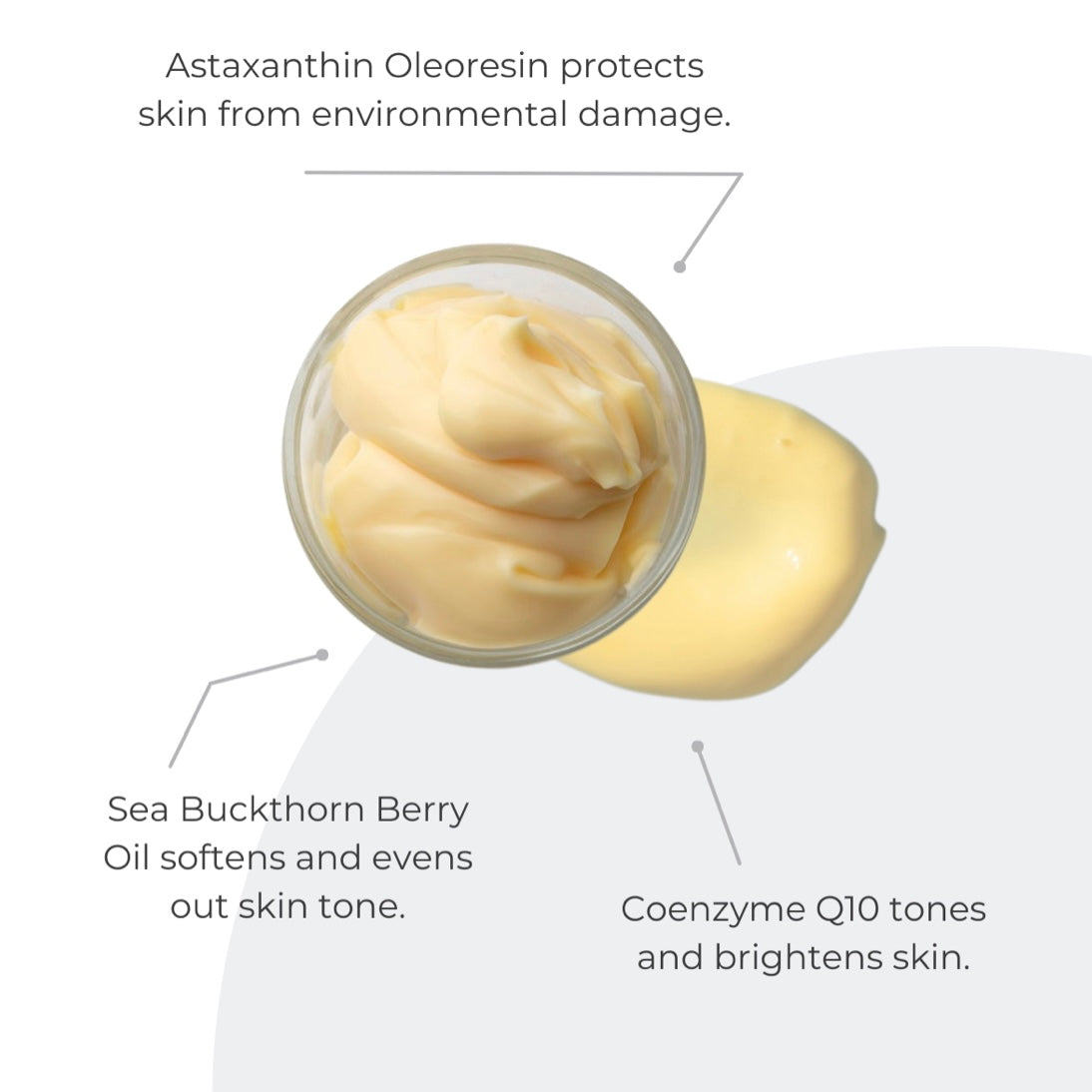 Jar of cream with text about skincare ingredients on a white background
