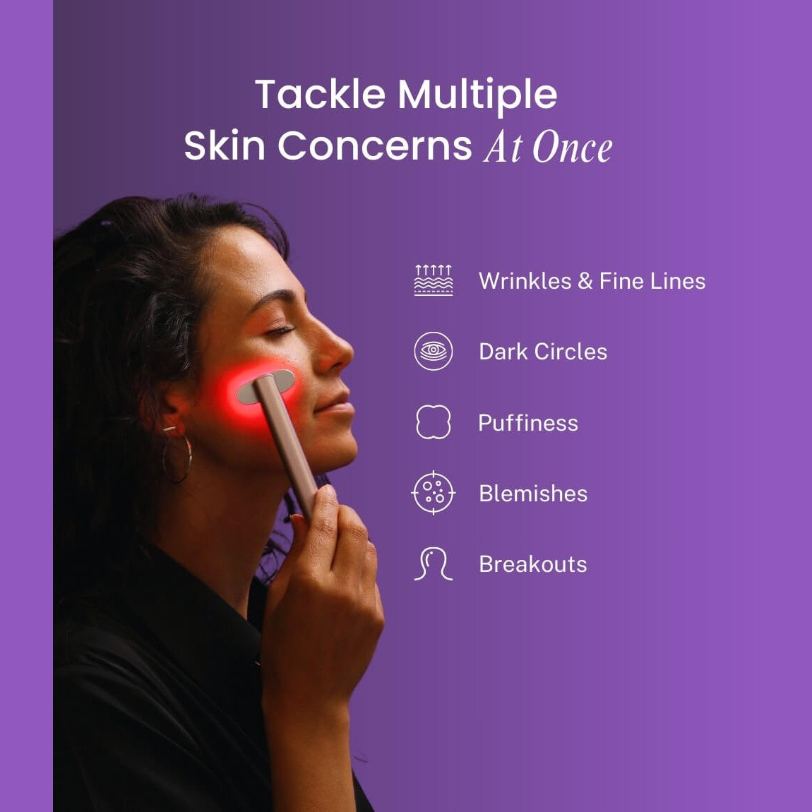 Woman using a skincare device on her face with a purple background and text about skin concerns.