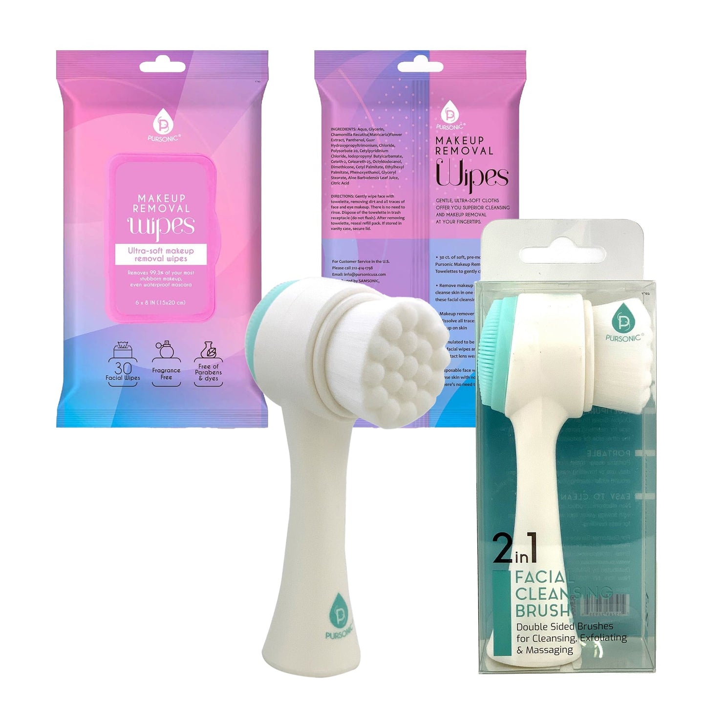 Radiant Beauty Bundle: Dual Sided Facial Cleansing Brush & Makeup Removal Wipes 12 Pack