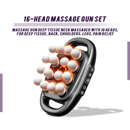 Massage gun set with 16 heads on a white background