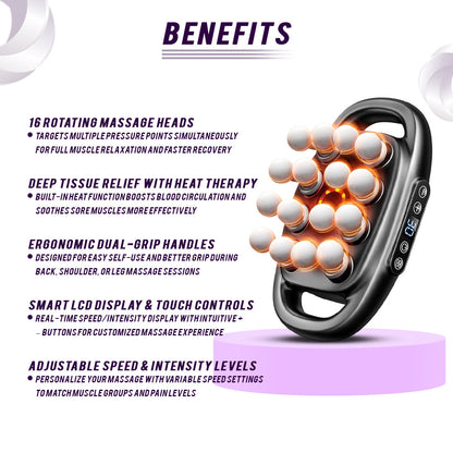 Massage device with rotating massage heads on a white background, featuring text about its benefits.