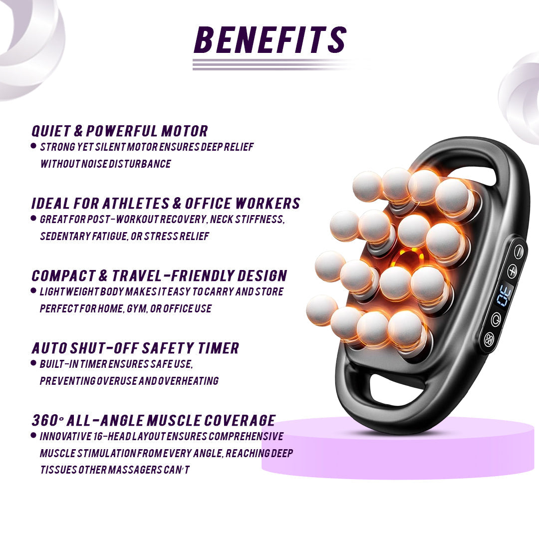 Massage device with benefits listed on a white background