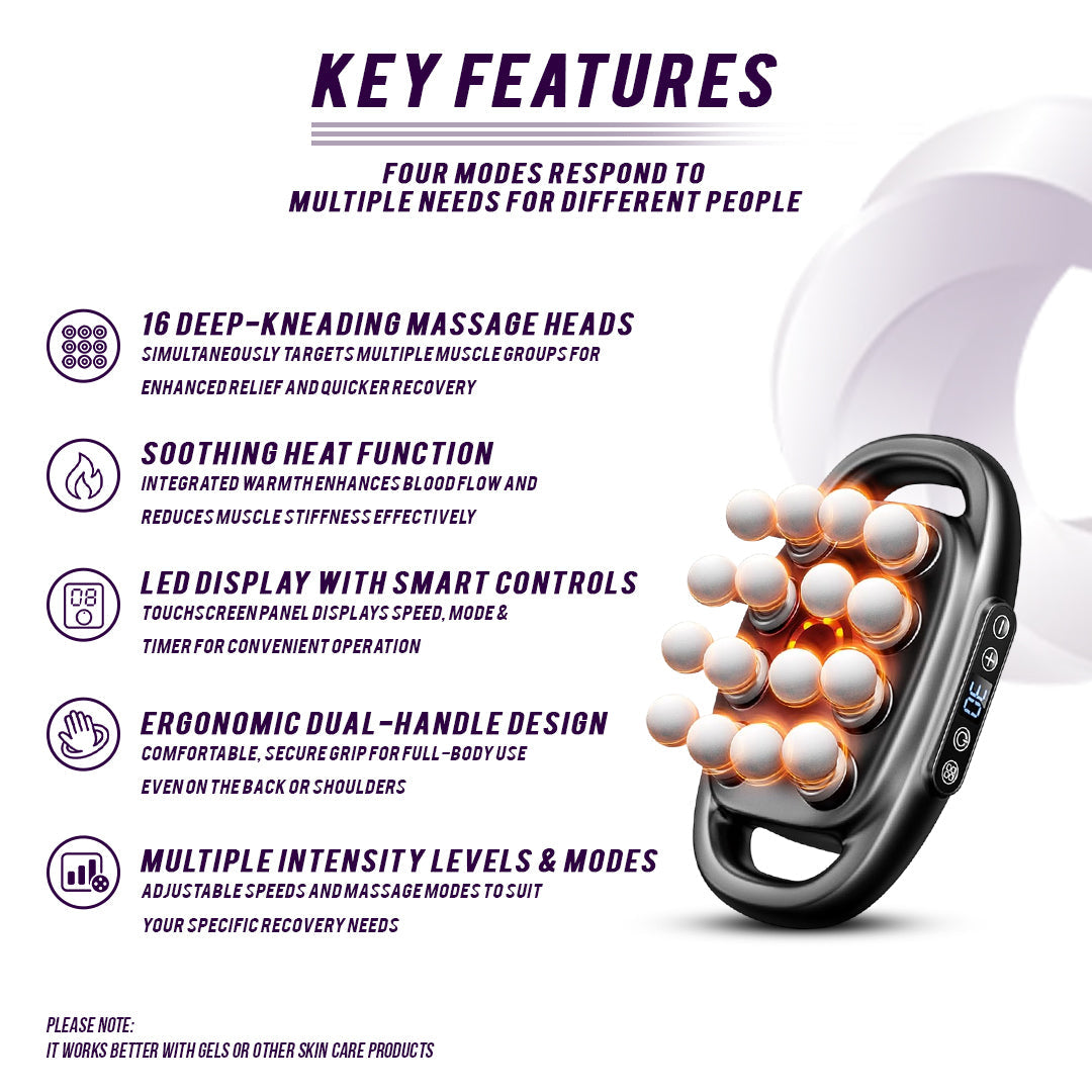 Massage device with key features listed on a white background