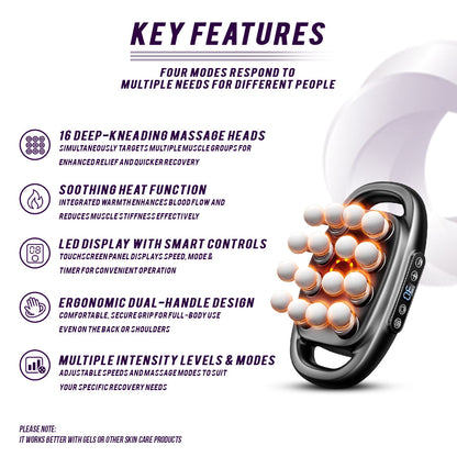 Massage device with key features listed on a white background