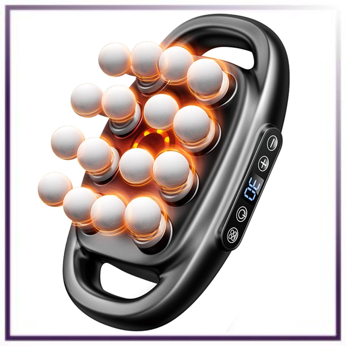 Handheld massager with glowing white balls and control panel on a white background