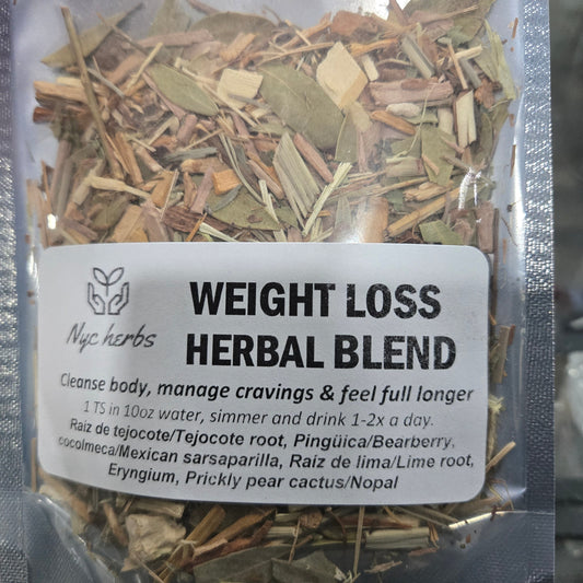 Herbal blend package labeled 'Weight Loss Herbal Blend' with ingredients listed.