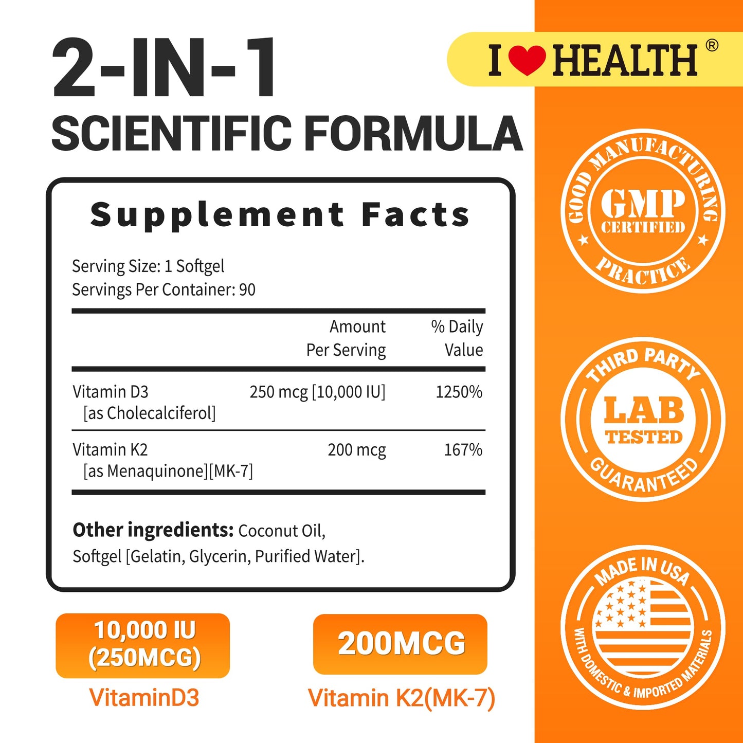 Vitamin D3 10,000 IU with K2 (MK-7) – Bone, Heart & Daily Wellness Supplement – 90 Softgels