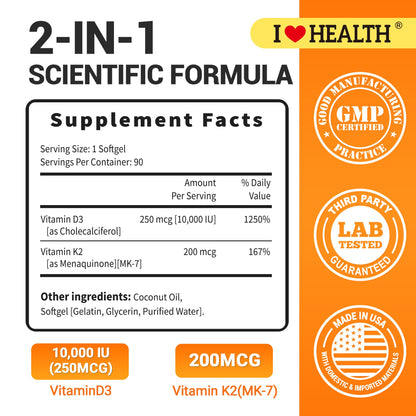 Vitamin D3 10,000 IU with K2 (MK-7) – Bone, Heart & Daily Wellness Supplement – 90 Softgels