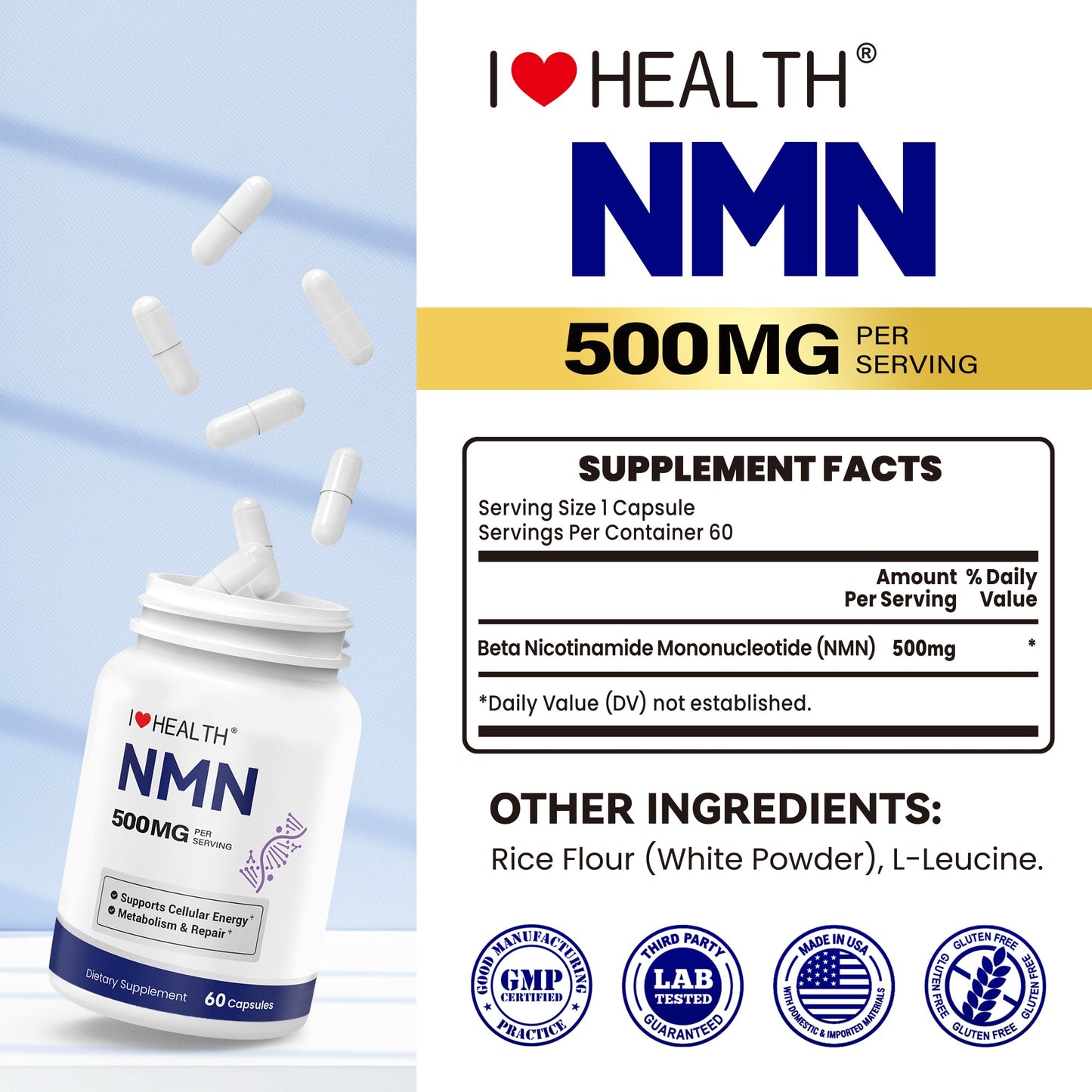 NMN 500mg – 99.9% Pure NMN Supplement for Cellular Energy & Healthy Aging Restoration – 60 Capsules, NSF cGMP, Made in USA