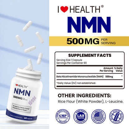 NMN 500mg – 99.9% Pure NMN Supplement for Cellular Energy & Healthy Aging Restoration – 60 Capsules, NSF cGMP, Made in USA