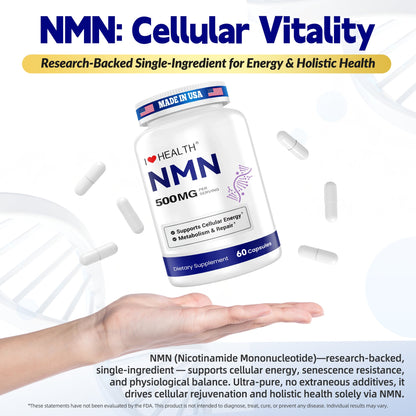 NMN 500mg – 99.9% Pure NMN Supplement for Cellular Energy & Healthy Aging Restoration – 60 Capsules, NSF cGMP, Made in USA