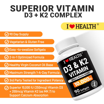 Vitamin D3 10,000 IU with K2 (MK-7) – Bone, Heart & Daily Wellness Supplement – 90 Softgels