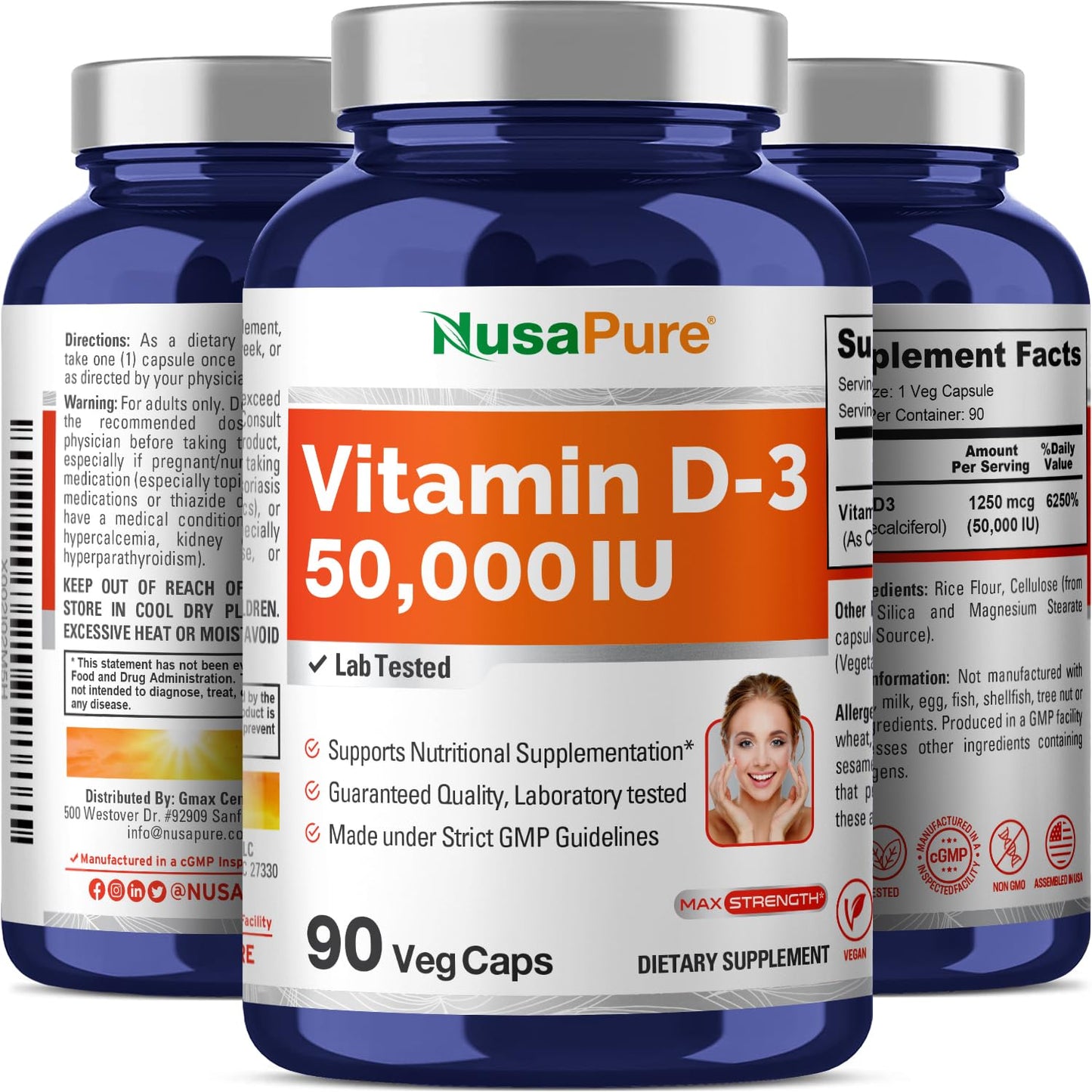 NusaPure Vitamin D3 50,000 IU 90 Vegetarian Capsules (Non-GMO)