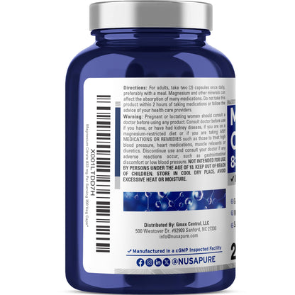 NusaPure Magnesium Citrate 833mg - 200 Veggie Capsules (Vegetarian, Non-GMO, Vegan)