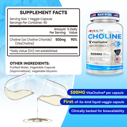 Choline Supplement 500mg with VitaCholine® – Liquid Veggie Capsules for Prenatal & Daily Wellness – 60 Capsules