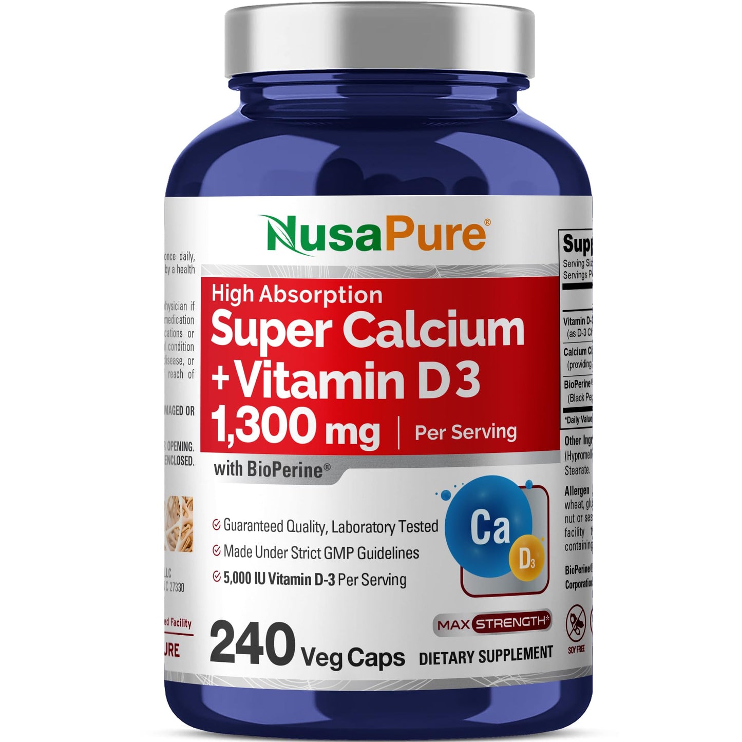 NusaPure Super Calcium with Vitamin D 3 & Calcium Citrate - Suitable for Vegetarian, Non - GMO - 1300mg - 240 Capsules