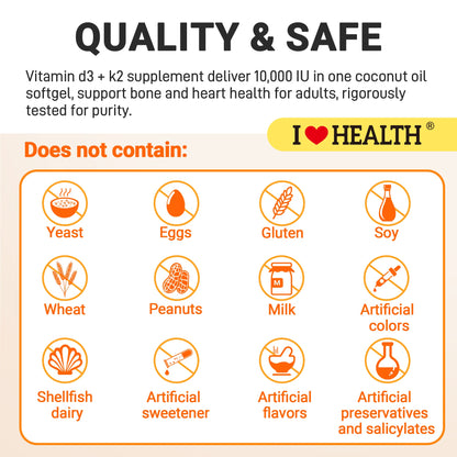 Vitamin D3 10,000 IU with K2 (MK-7) – Bone, Heart & Daily Wellness Supplement – 90 Softgels