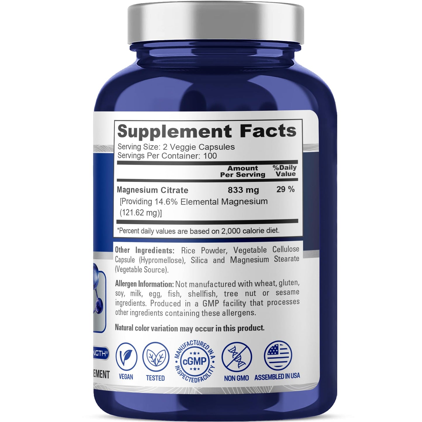 NusaPure Magnesium Citrate 833mg - 200 Veggie Capsules (Vegetarian, Non-GMO, Vegan)