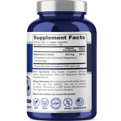 NusaPure Magnesium Citrate 833mg - 200 Veggie Capsules (Vegetarian, Non-GMO, Vegan)