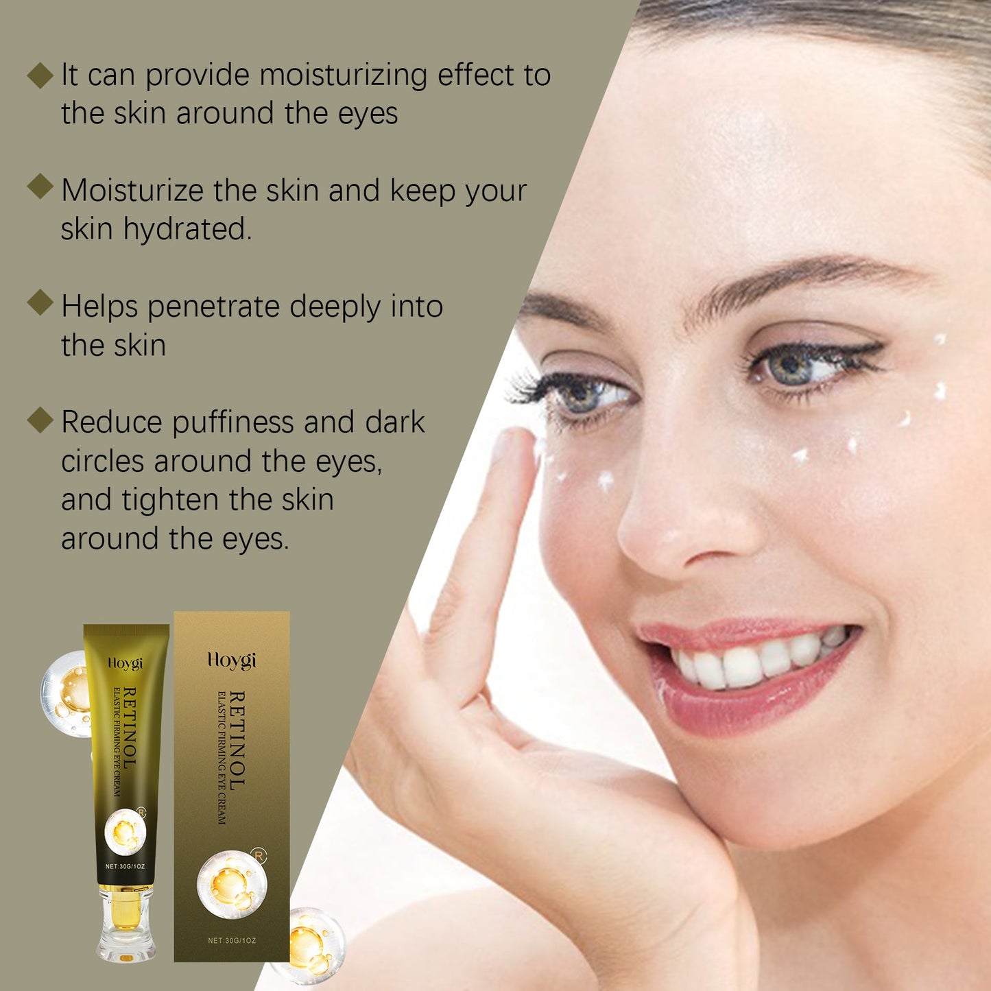 Woman applying eye cream with product packaging displayed, featuring text about skincare benefits.