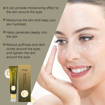 Woman applying eye cream with product packaging displayed, featuring text about skincare benefits.