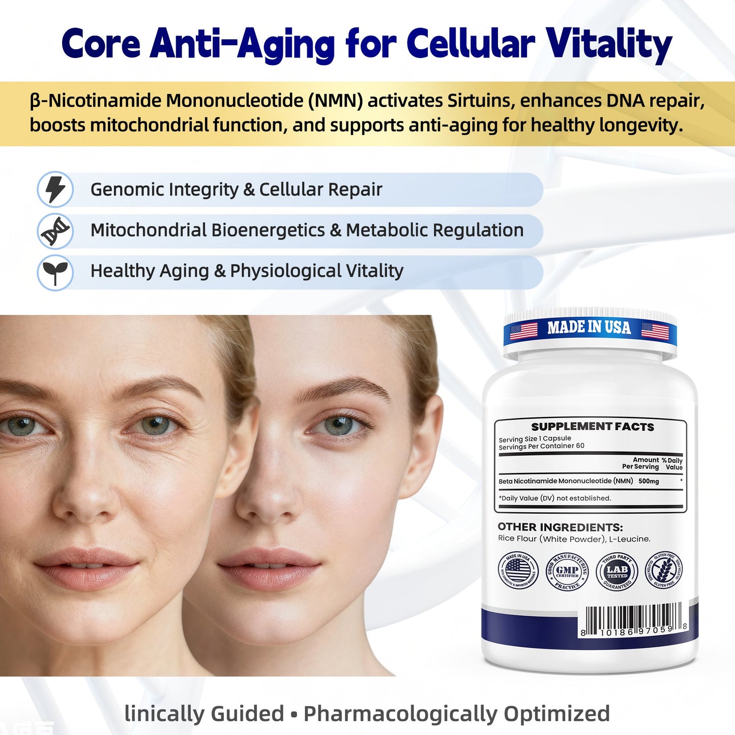 NMN 500mg – 99.9% Pure NMN Supplement for Cellular Energy & Healthy Aging Restoration – 60 Capsules, NSF cGMP, Made in USA