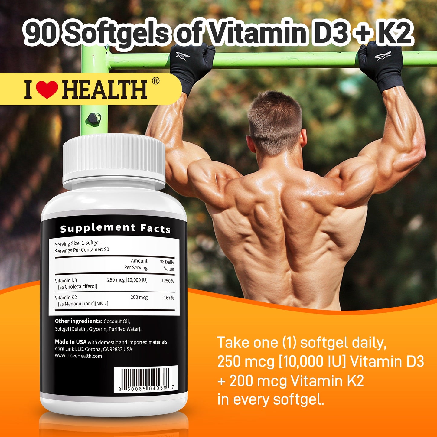 Vitamin D3 10,000 IU with K2 (MK-7) – Bone, Heart & Daily Wellness Supplement – 90 Softgels