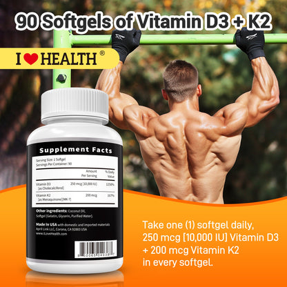 Vitamin D3 10,000 IU with K2 (MK-7) – Bone, Heart & Daily Wellness Supplement – 90 Softgels