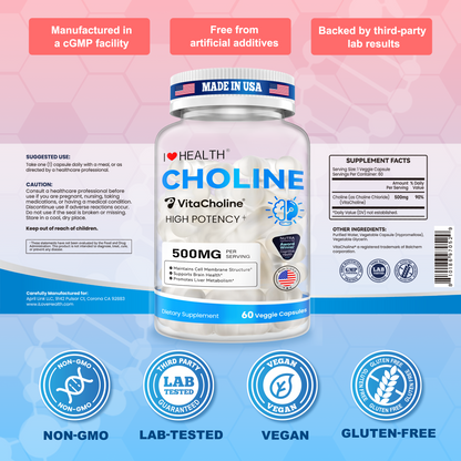 Choline Supplement 500mg with VitaCholine® – Liquid Veggie Capsules for Prenatal & Daily Wellness – 60 Capsules