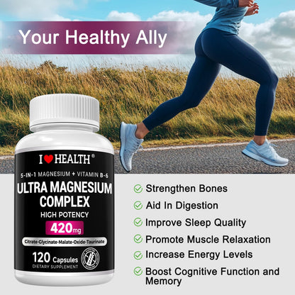5-in-1 Magnesium Complex + Vitamin B6 – 420mg High Absorption Formula for Daily Wellness – 120 Capsules