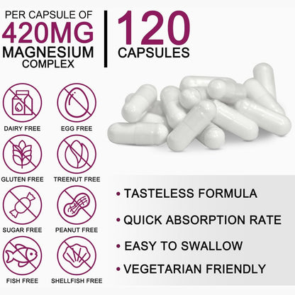 5-in-1 Magnesium Complex + Vitamin B6 – 420mg High Absorption Formula for Daily Wellness – 120 Capsules