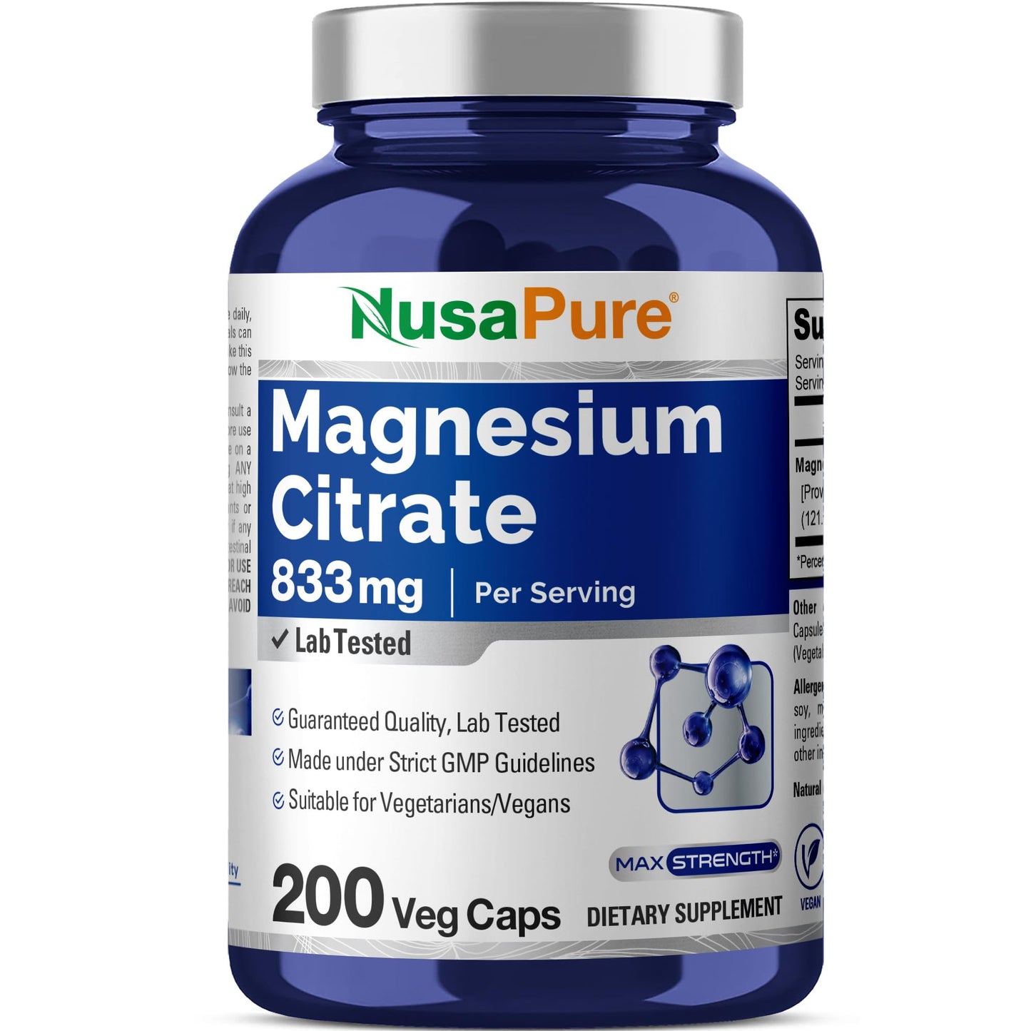 NusaPure Magnesium Citrate 833mg - 200 Veggie Capsules (Vegetarian, Non-GMO, Vegan)